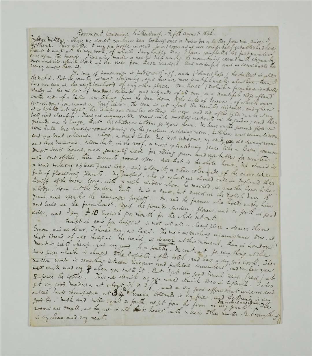 A letter written from Lausanne on August 5 1846 to his friend and solicitor Thomas Mitton in which Dickens describes his stay in Switzerland (Charles Dickens Museum/PA)