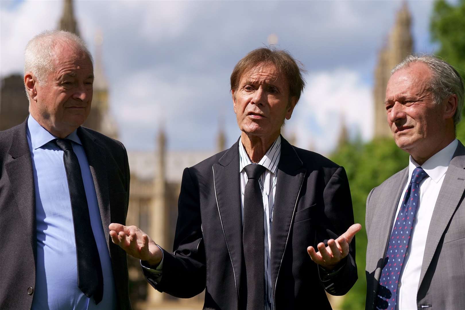 Paul Gambaccini, left to right, Sir Cliff and Daniel Janner QC revived a campaign calling for suspects to have their anonymity protected by law unless charged (Victoria Jones/PA)