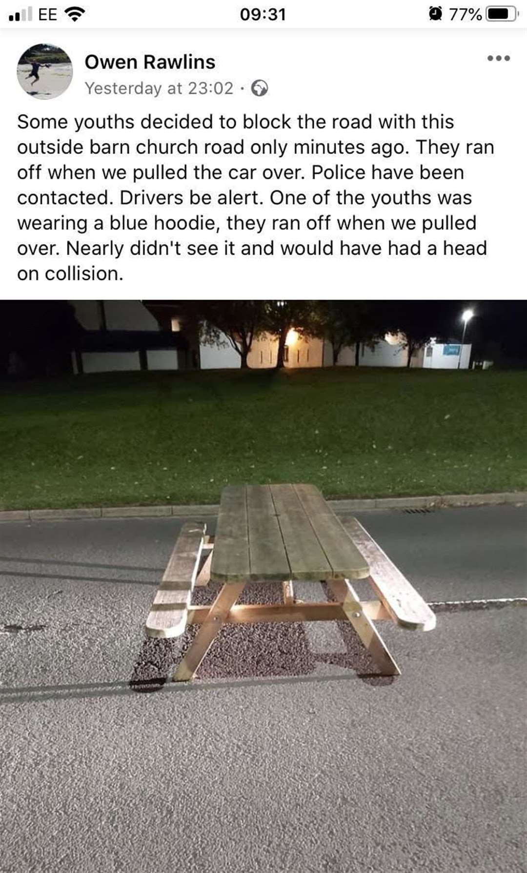 A Facebook post showing the bench in the middle of the road.