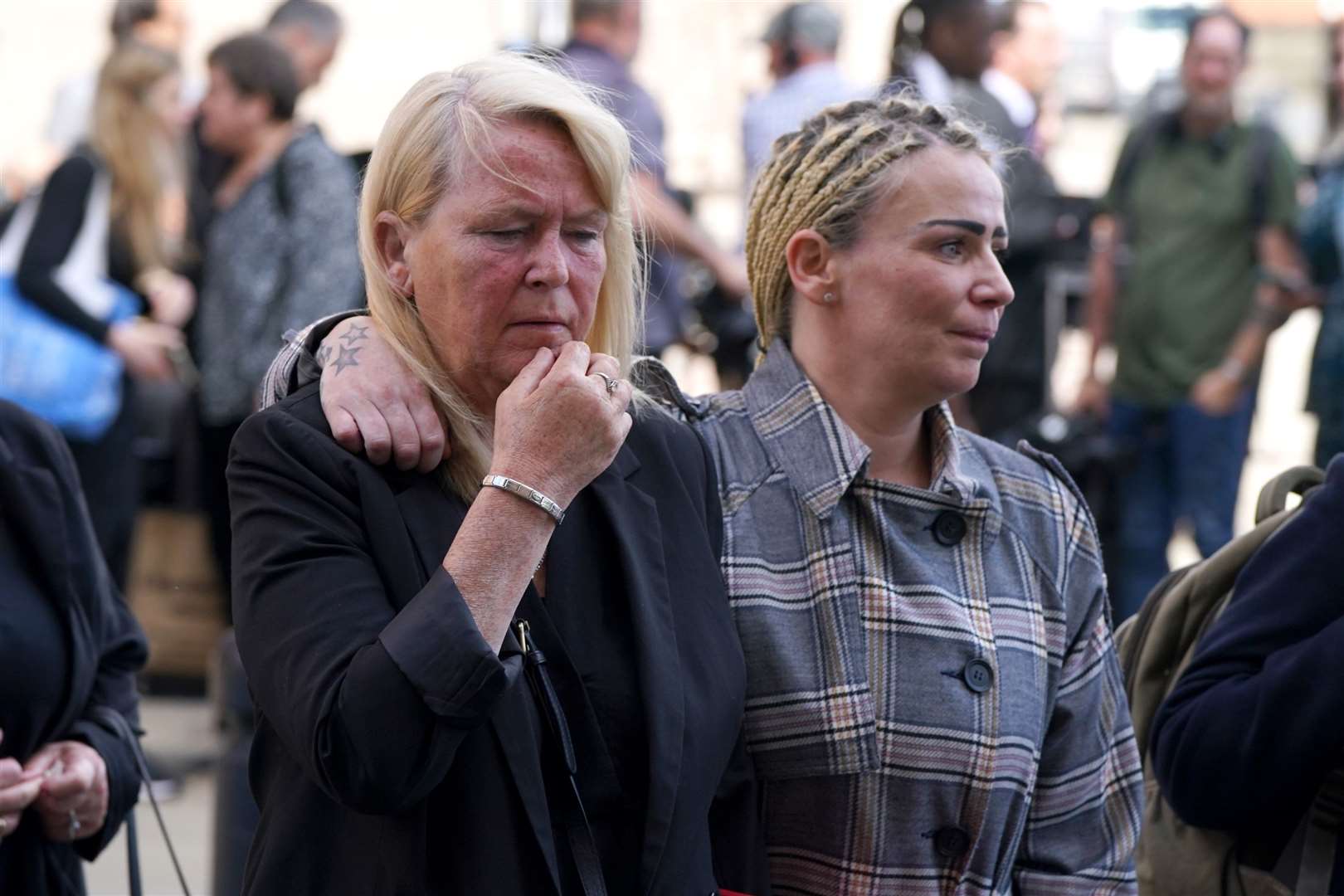 Nikki Allan’s mother Sharon Henderson (left) and Nikki’s sister Stacey speak to the media following the sentencing (Owen Humphreys/PA)