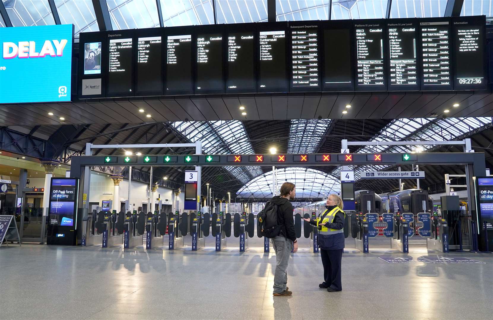 Queen Street station in Glasgow was empty as all trains were cancelled in Scotland due to Storm Jocelyn (Andrew Milligan/PA)