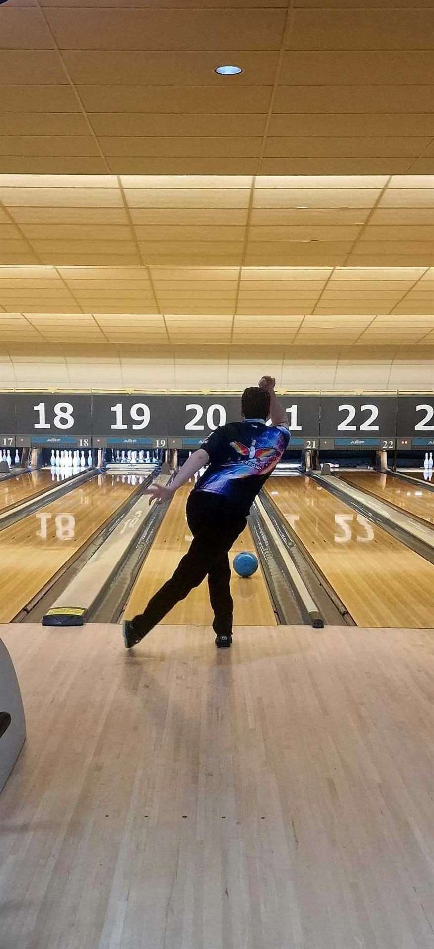 Rollerbowl's Aiden Smith, the overall male national champion for 2024, makes a strike.