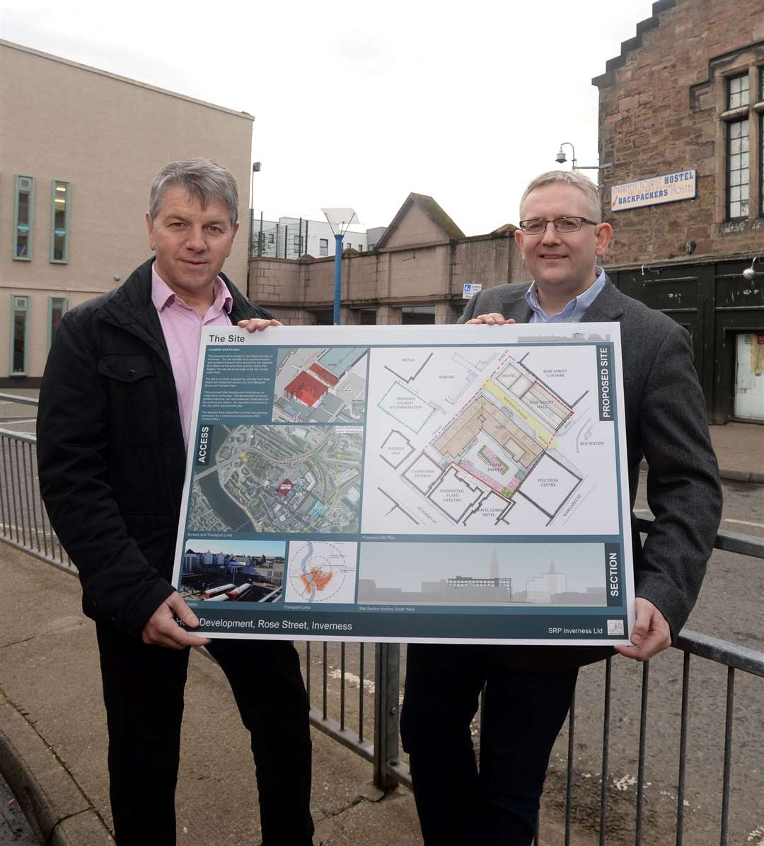 Directors of SRP Inverness Ltd Stuart McCaffer and Stewart Campbell with plans for the proposed new hotel.