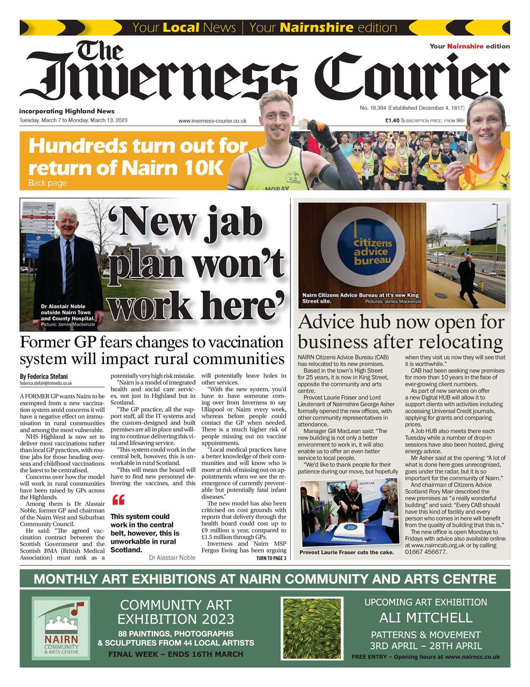 The Inverness Courier (Nairnshire edition), March 7, front page.