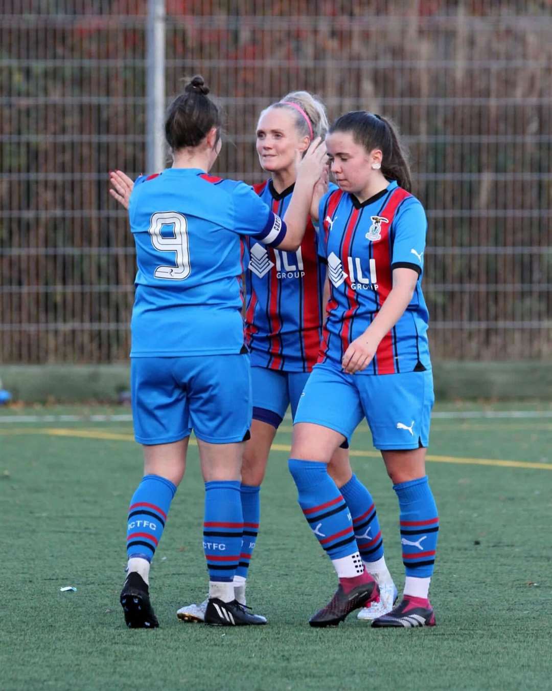 Julia Scott celebrates scoring with Hannah Gordon and Betty Ross. Inverness Caley Thistle (ICT) Women beat Morton 9-0. Picture: Becky Dingwall (free to use).