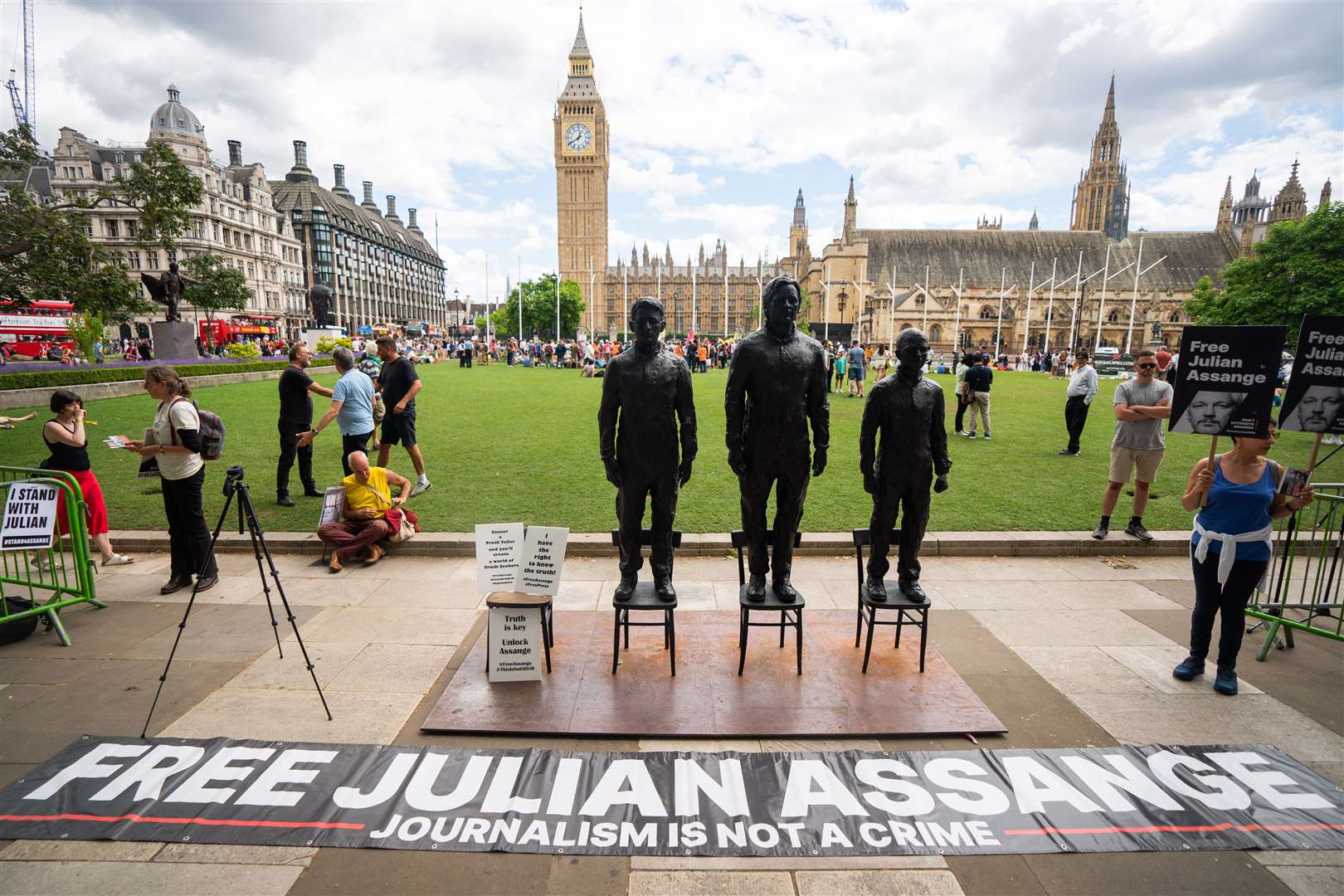 A sculpture called Anything To Say, which features life-sized bronze figures of whistleblowers Edward Snowden, Julian Assange and Chelsea Manning (James Manning/PA)