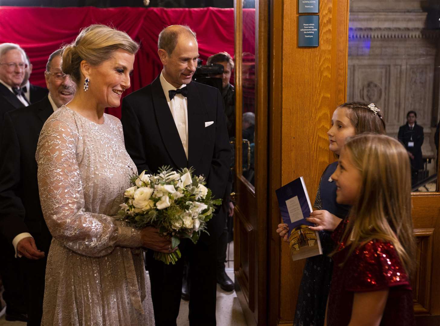The Earl and Countess of Wessex meet Beatrice Ann Mansfield, 10, and Sophie Colassanti, 11 (David Parry/PA)