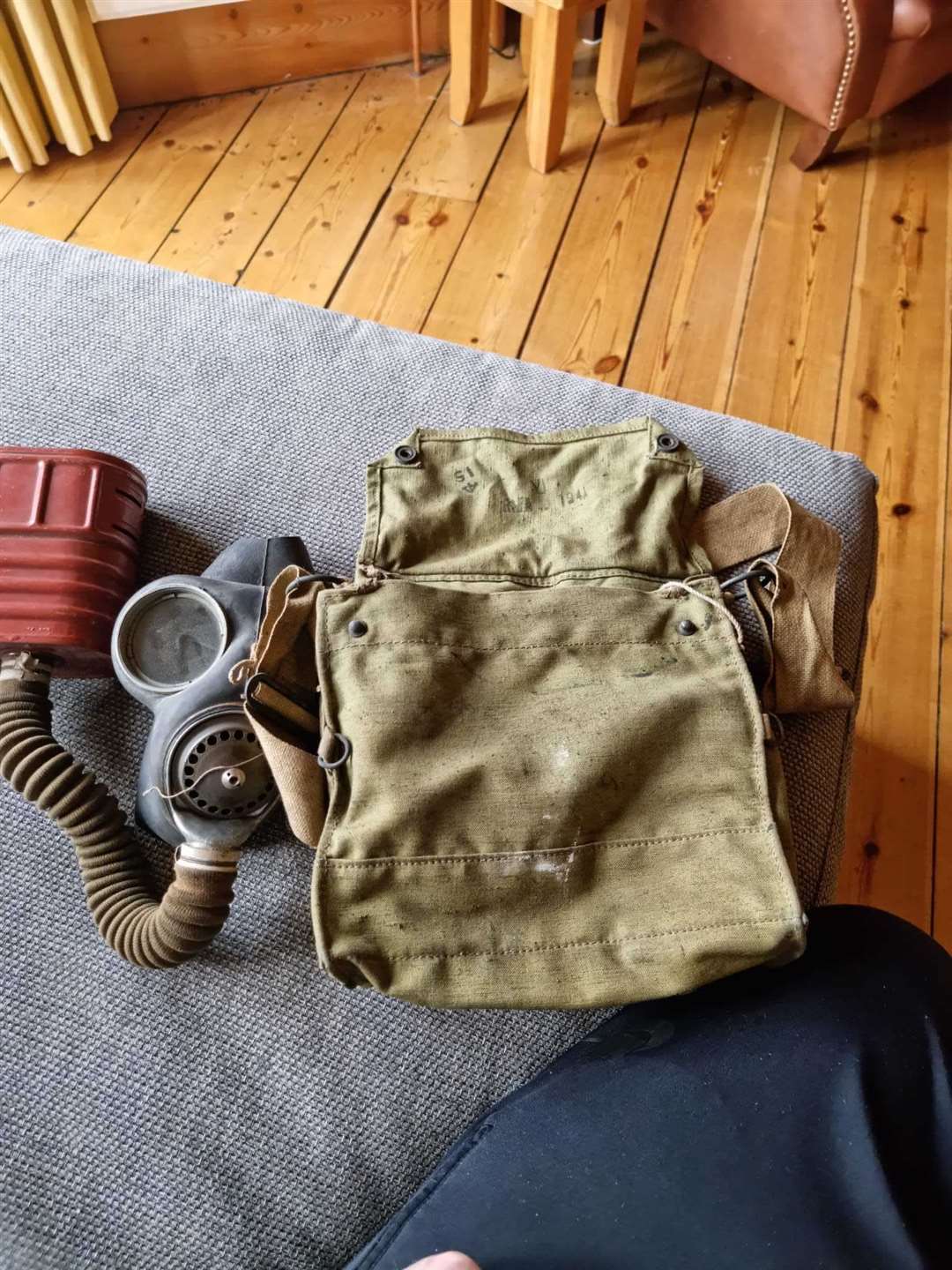 The Second World War gas mask and items found in the loft by Shayne MacDonald.