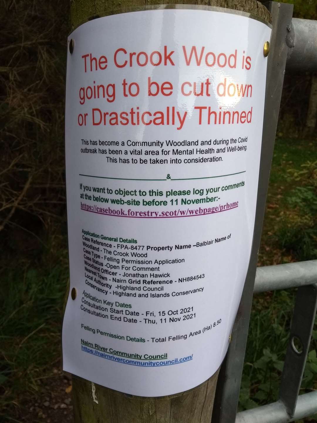 Nairn River CC's sign advising the public of the felling plans at Crook Wood.