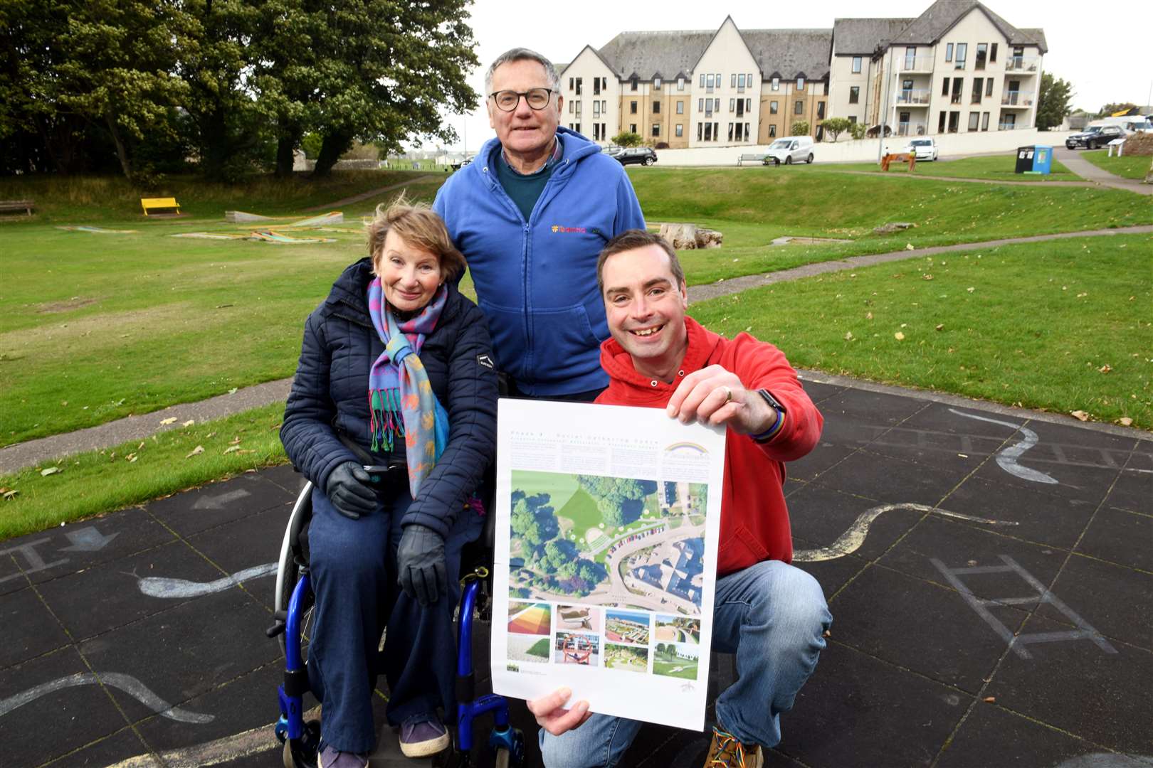 Hamish Hey's grandparents Liz Bow and Danny Bow and dad Sam Hey, of Team Hamish, with the plans that have now been approved. Picture: James Mackenzie