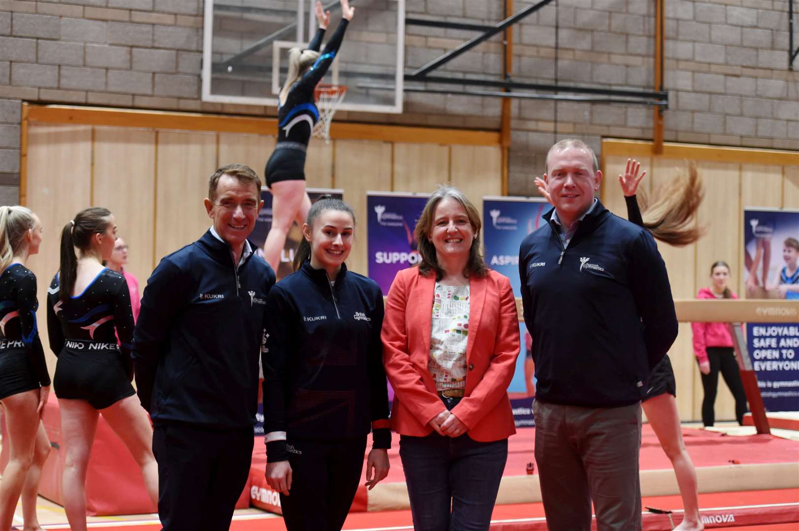 Bryan Ewing OBE Chair of Scottish Gymnastics, Louise Christie, Maree Todd MSP and Doc McKelvey Chief Exec of Scottish Gymnastics. Picture: Callum Mackay
