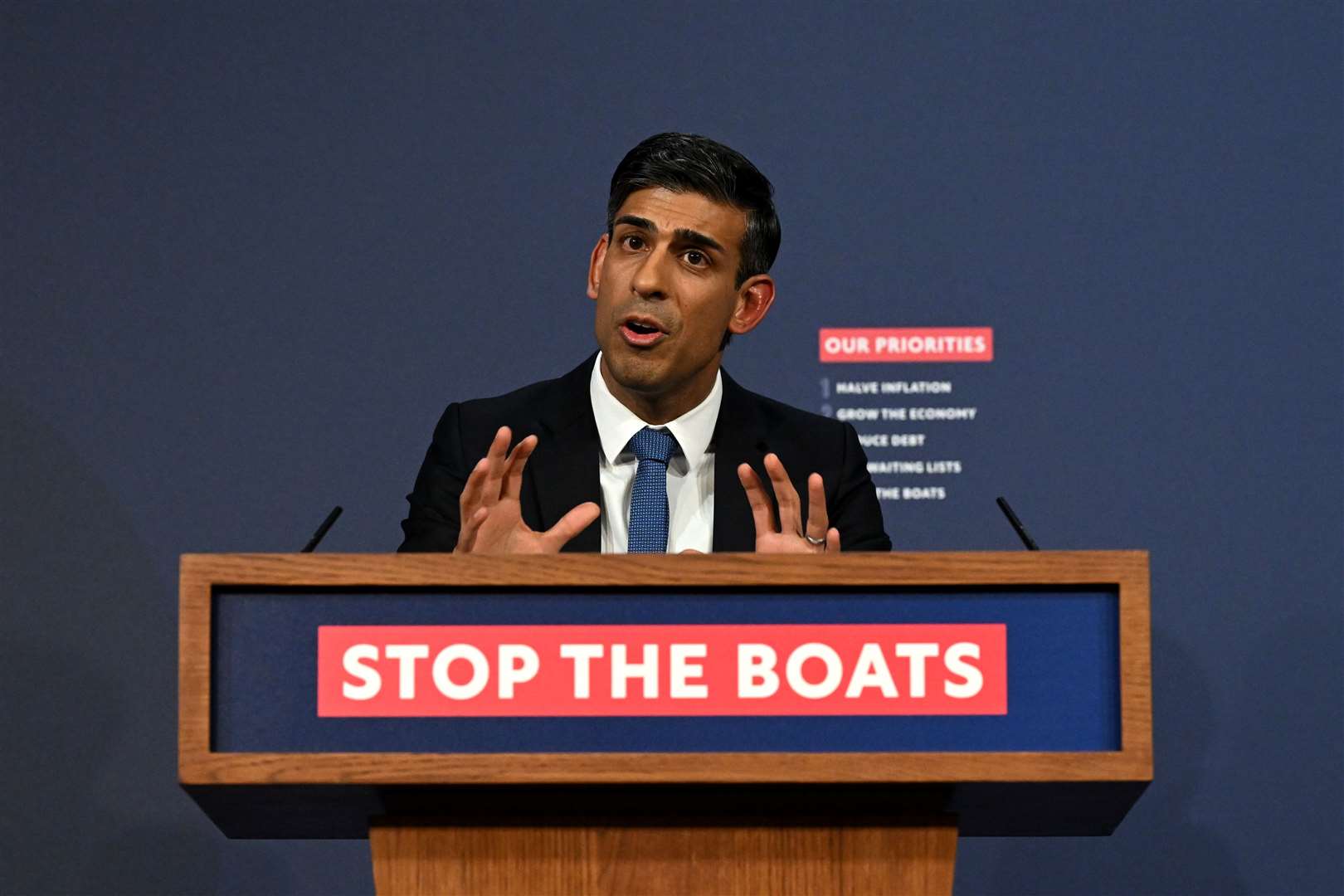 Prime Minister Rishi Sunak was asked about the WhatsApp leaks during a press conference about the Illegal Migration Bill (Leon Neal/PA)