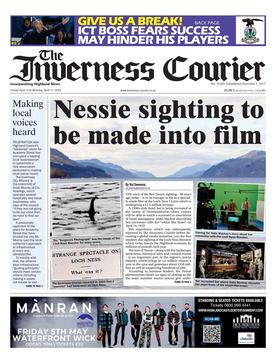 The Inverness Courier, April 14, front page.