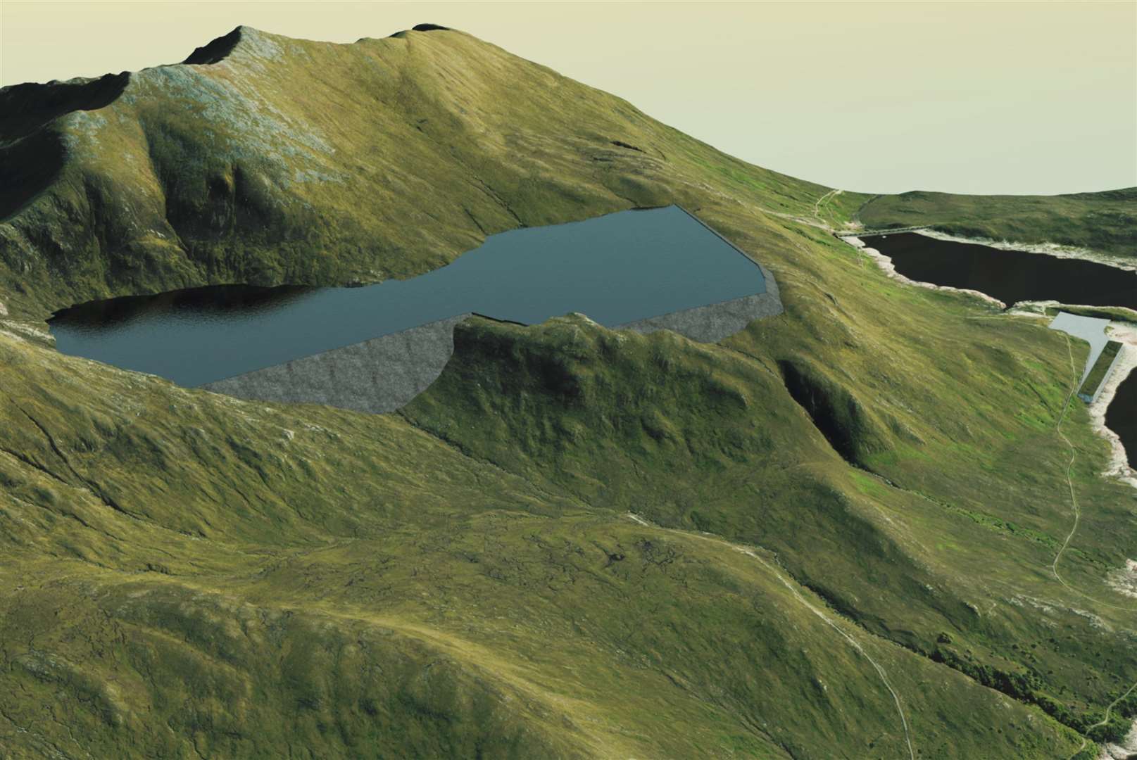 The proposed new dams and upper reservoir on the left, with the existing Loch Quoich on the right and the Quoich dam in the distance.