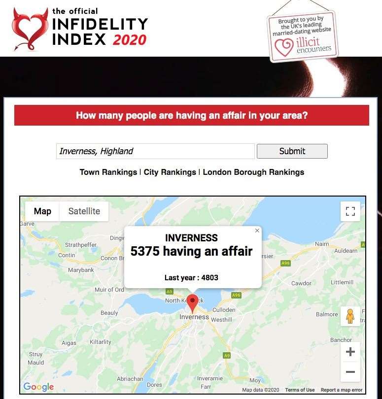 Illicitencounters.com says infidelity is on the increase in the Inverness postcode area.