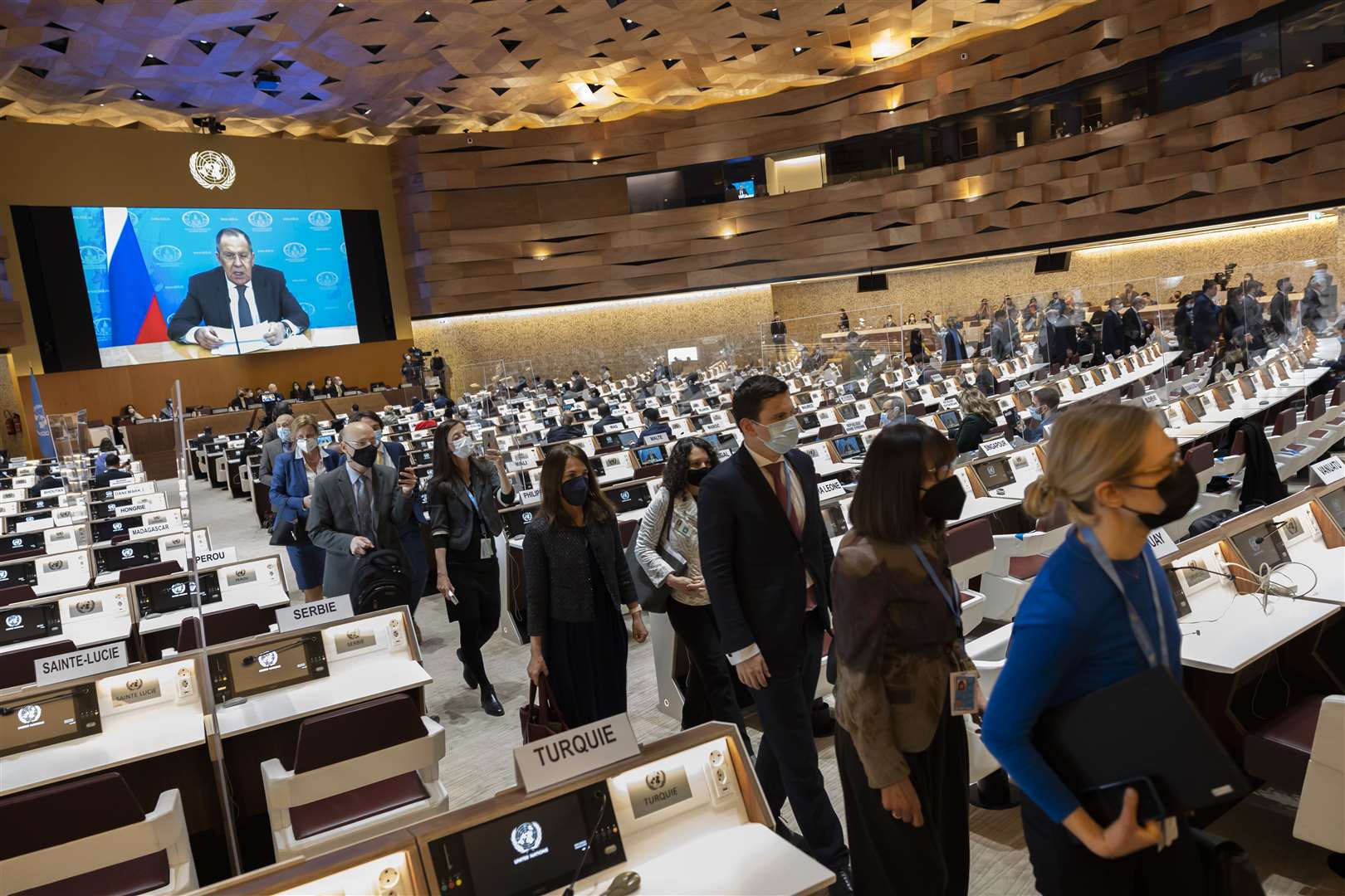 Diplomats leave the room during Sergei Lavrov’s address (Salvatore Di Nolfi/Keystone/AP)