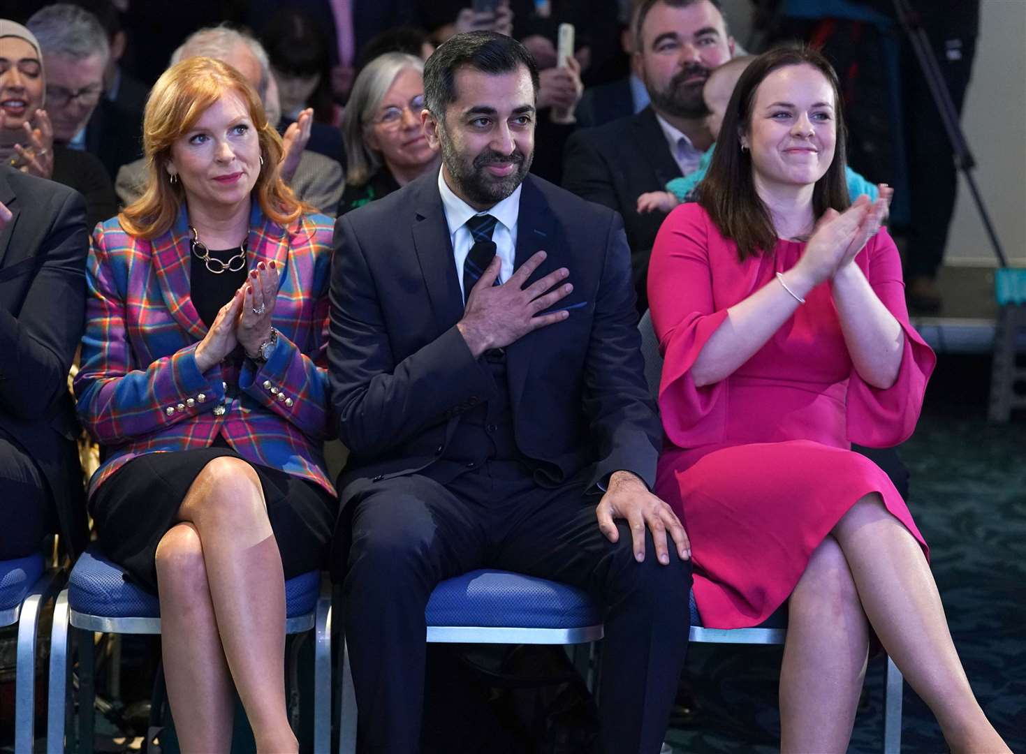 Humza Yousaf became First Minister after defeating Ash Regan, left, and Kate Forbes in the SNP leadership contest (Andrew Milligan/PA)