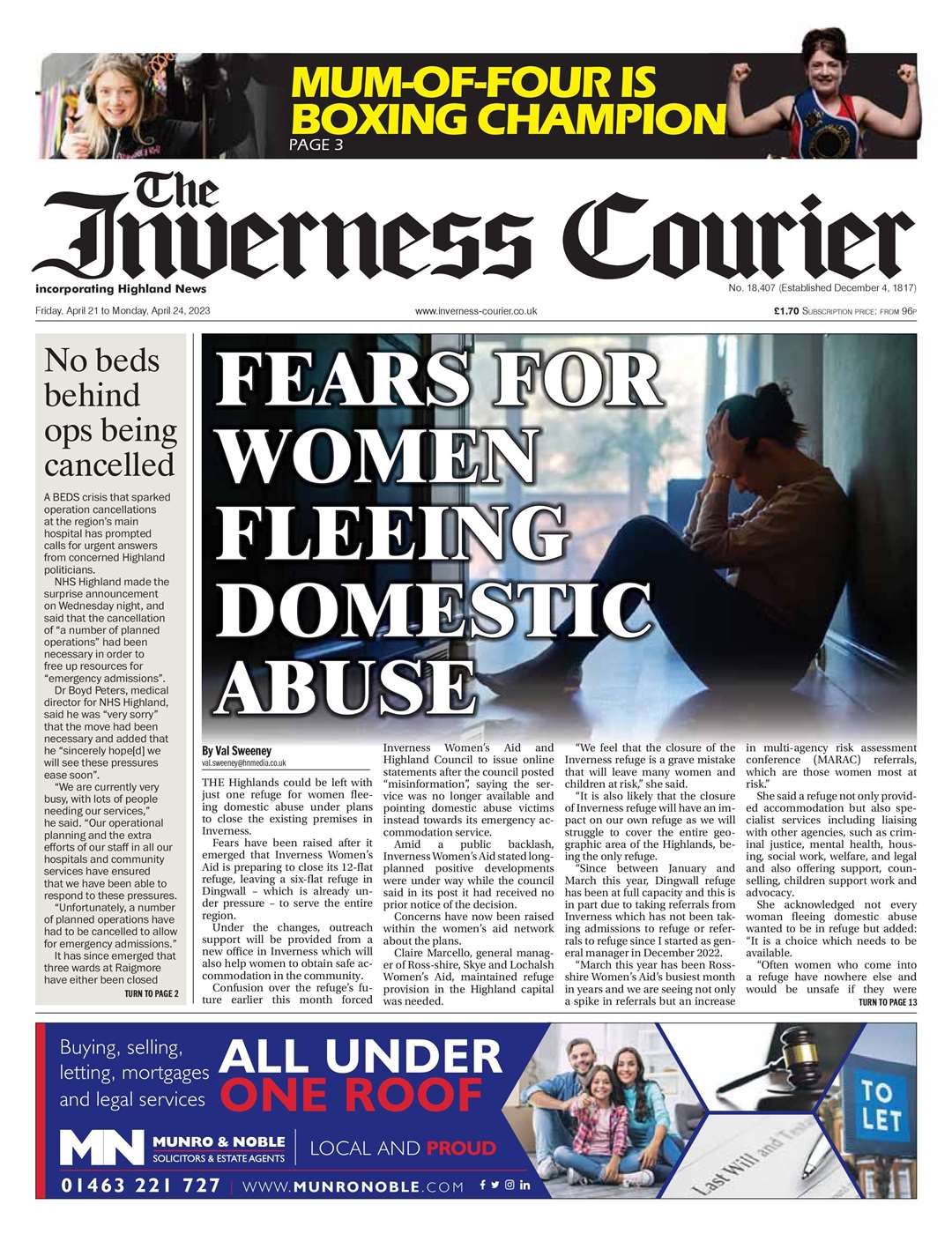 The Inverness Courier, April 21, front page.