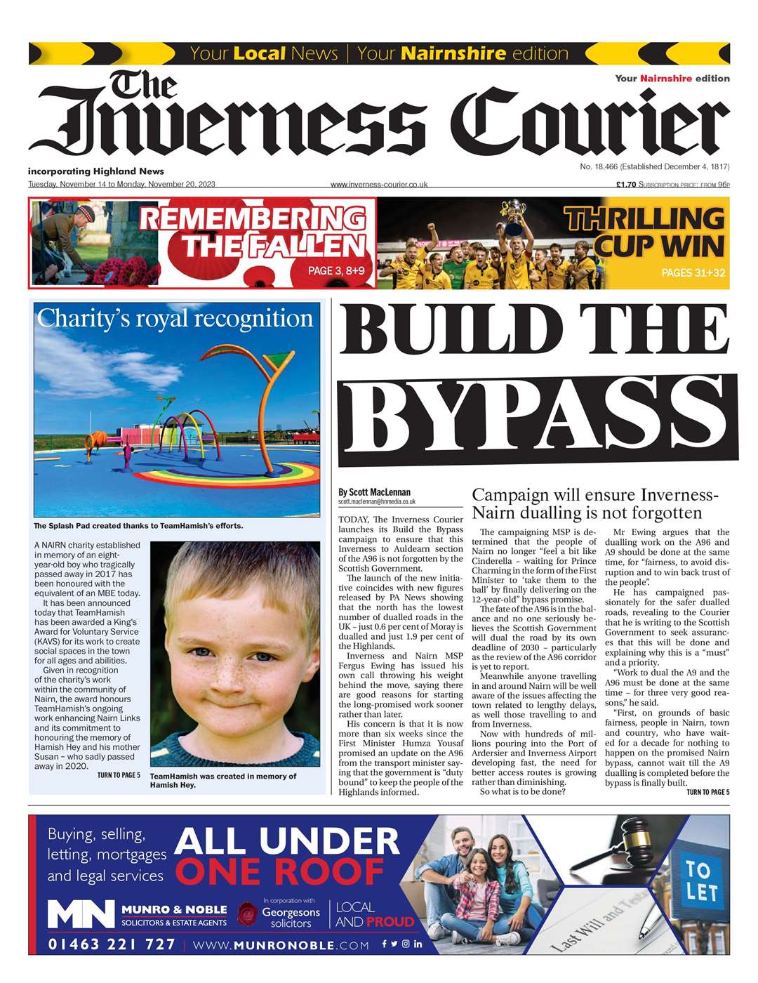 The Inverness Courier (Nairnshire edition), November 14, front page.