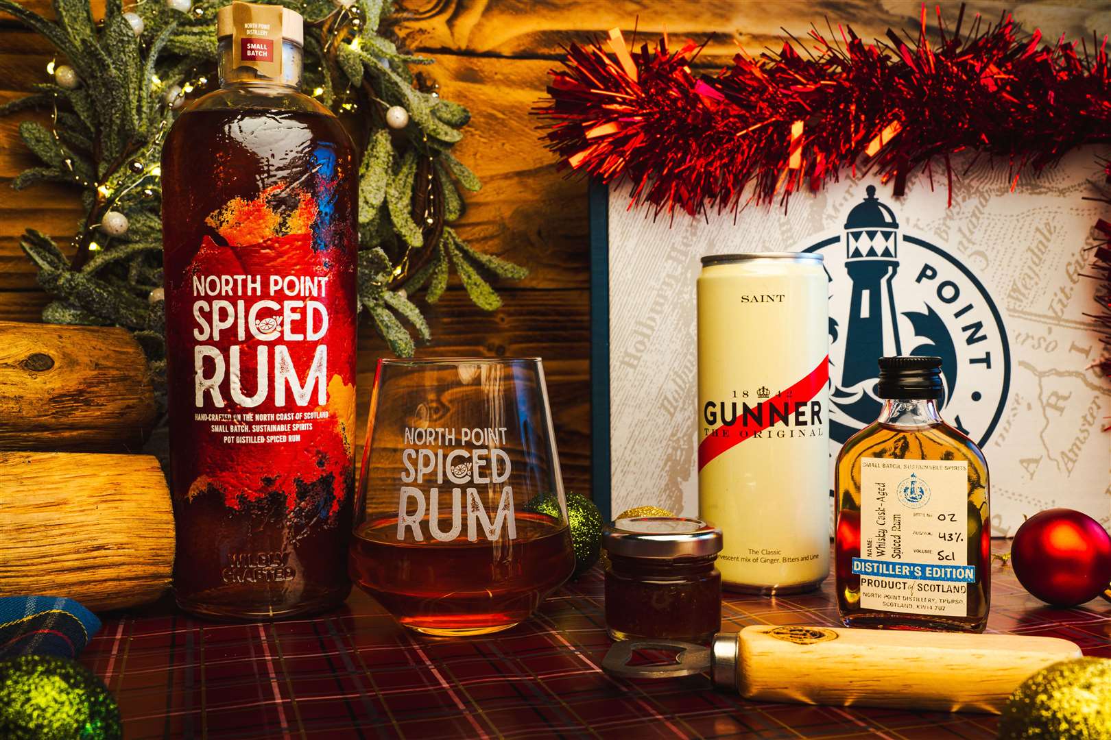 Festive spiced rum package.