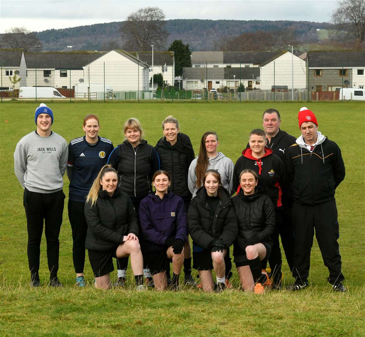 Luca Micheletti, coach, Megan Finlay, goalie, Sophie Paton, defence, Mary Peteranna, assistant coach, Katie Crook, Left back, Zoe Morrison, outfield, Alan Coles, coach, Iain Firth, coach, Simone Coles, striker, Alice Urquhart, centre mid, Leanne Firth, right wing, and Michelle Macinnes, winger. Picture: James Mackenzie.