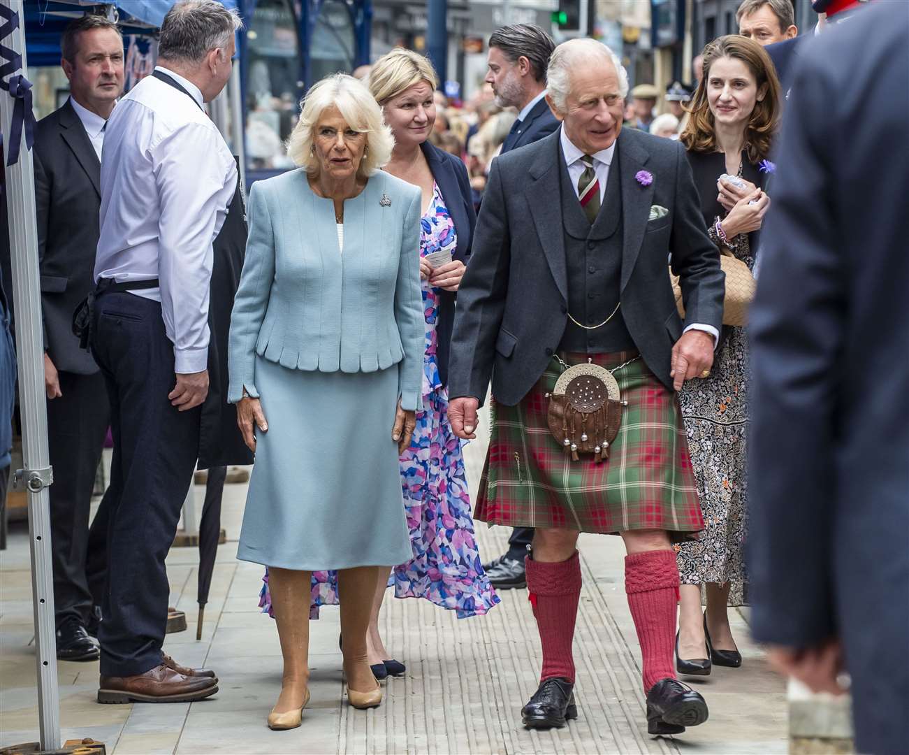 Charles and Camilla during a tour of the market square in Selkirk (Lisa Ferguson/PA)