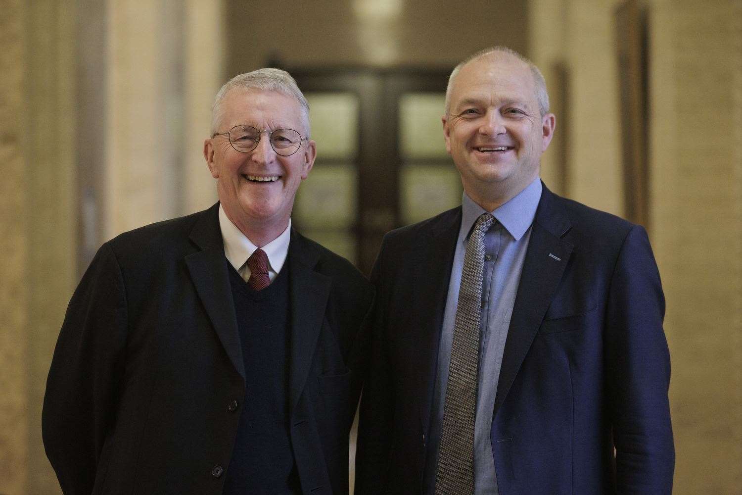 Shadow secretary of state for Northern Ireland Hilary Benn (left) alongside Conservative MP Jerome Mayhew at Parliament Buildings (Liam McBurney/PA)