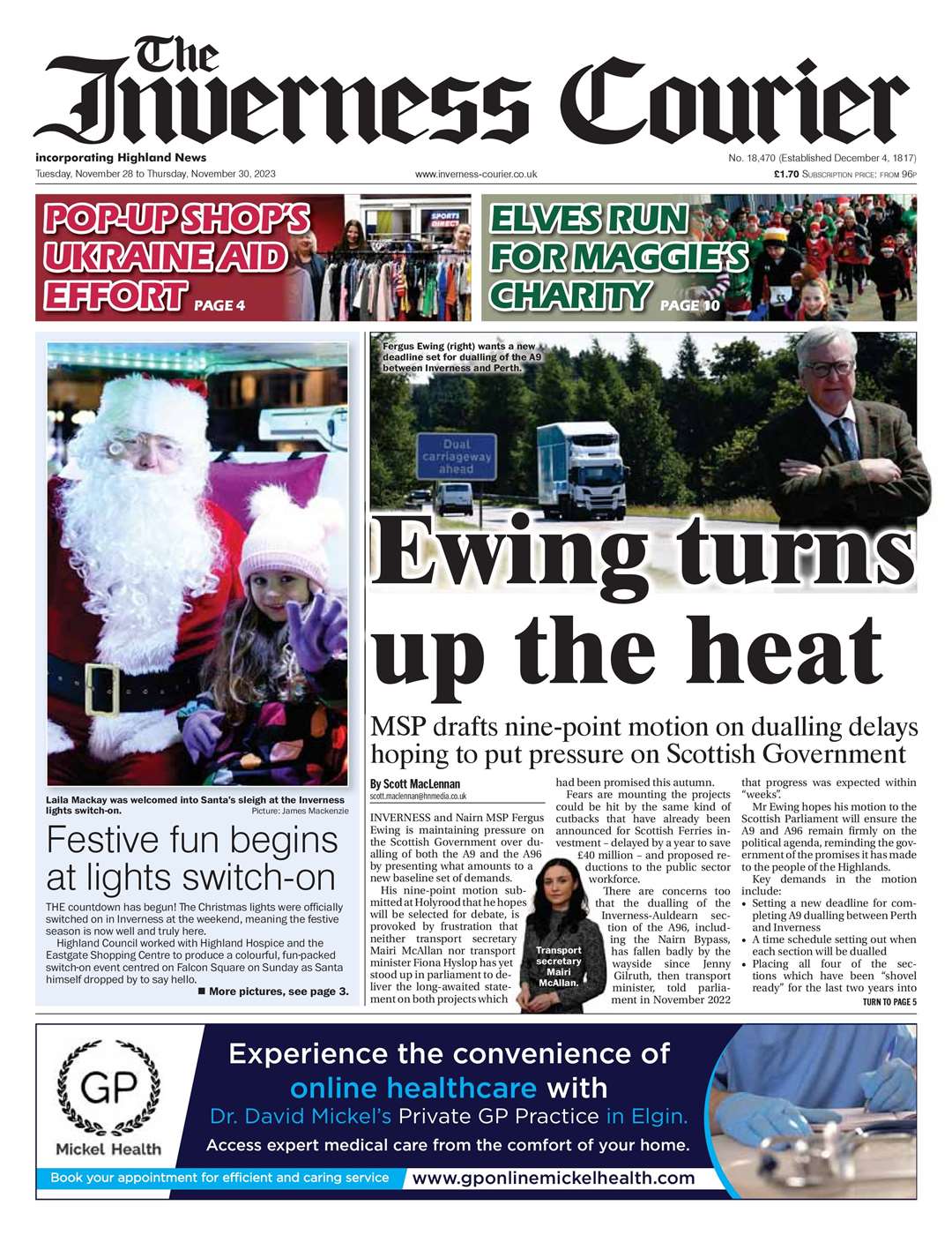 The Inverness Courier, November 28, front page.