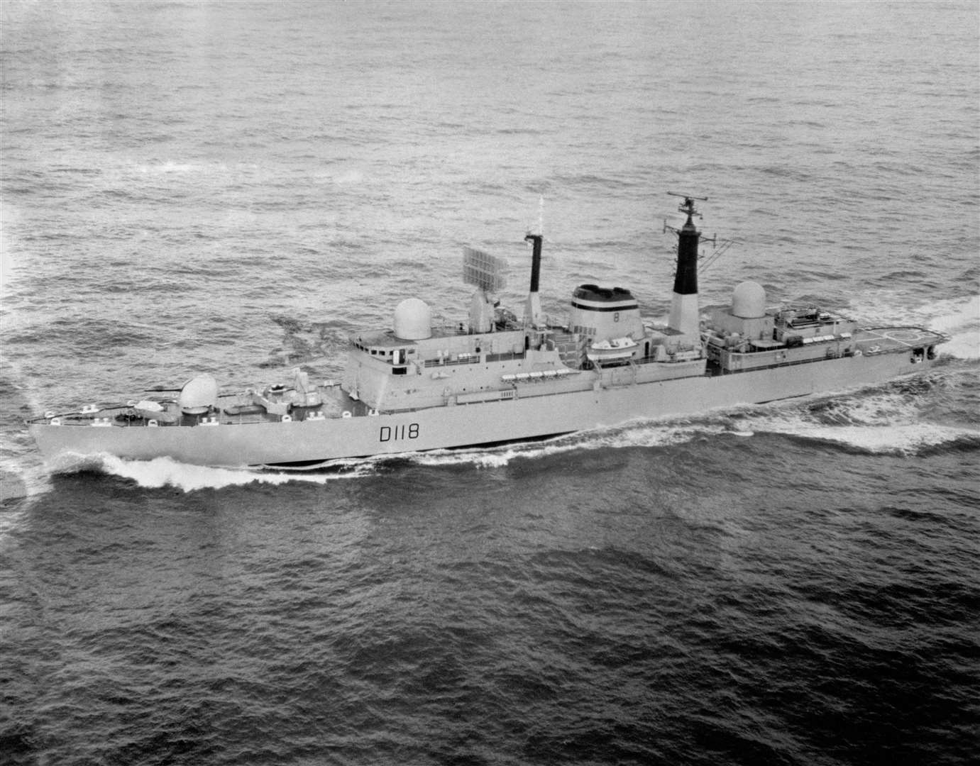 HMS Coventry which was attacked and sunk by Argentine jets in San Carlos Water (PA)
