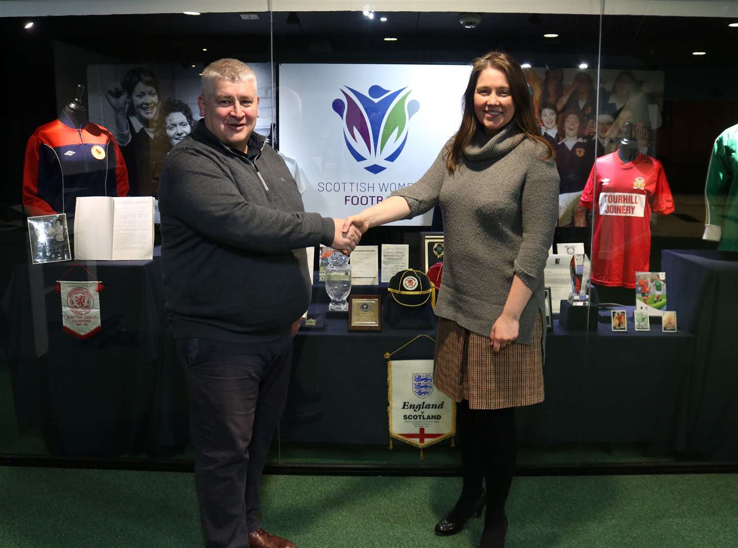 SWF Chief Executive Aileen Campbell and interim Chief Executive of the Scottish Football Partnership Trust Neal Ross at the 150 Years of Football exhibition in the Scottish Football Museum, Hampden which marks 50 years of Scottish Women’s Football.
