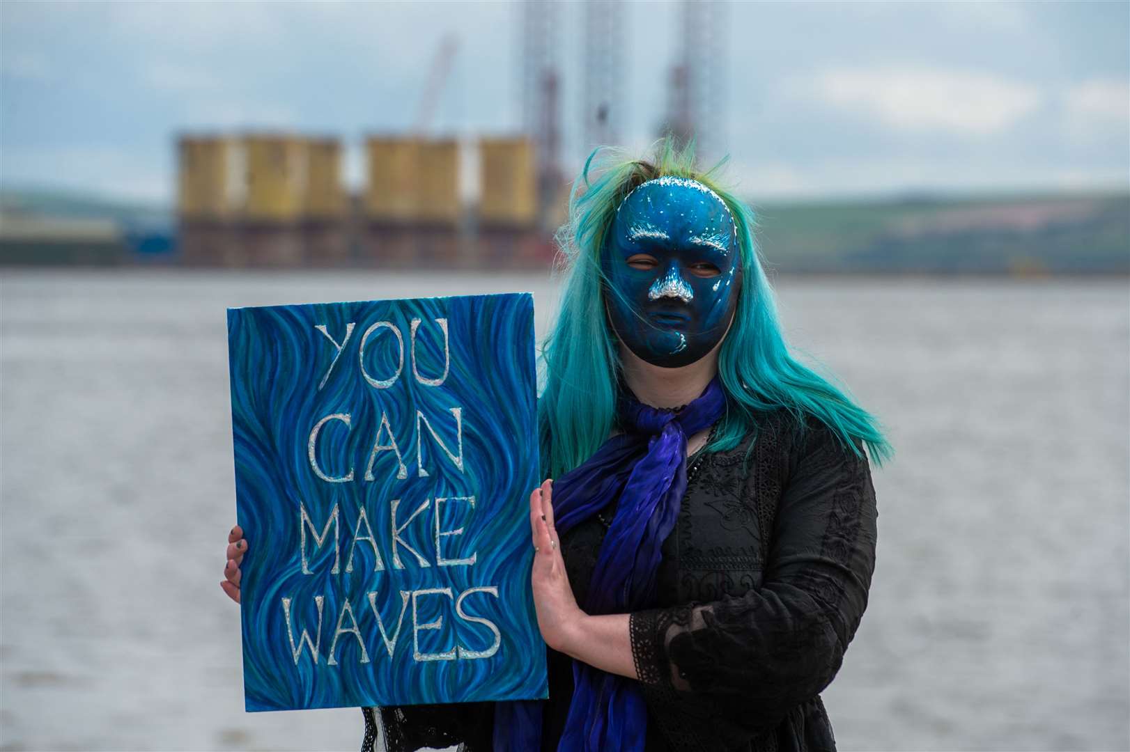 Carol Southern from Extinction Rebellion at the Make The Wave protest at Invergordon Boat Club. Picture: Callum Mackay