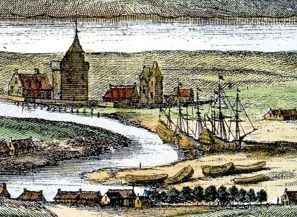 Slezer Prospect – town rigs in the foreground, the old castle and parish kirk in the middle to the right and centre and harbour to the left, also from Surveyor of his Majesties Stores and Magazines John Slezer’s 1695 Prospect of ye Town of Innerness.