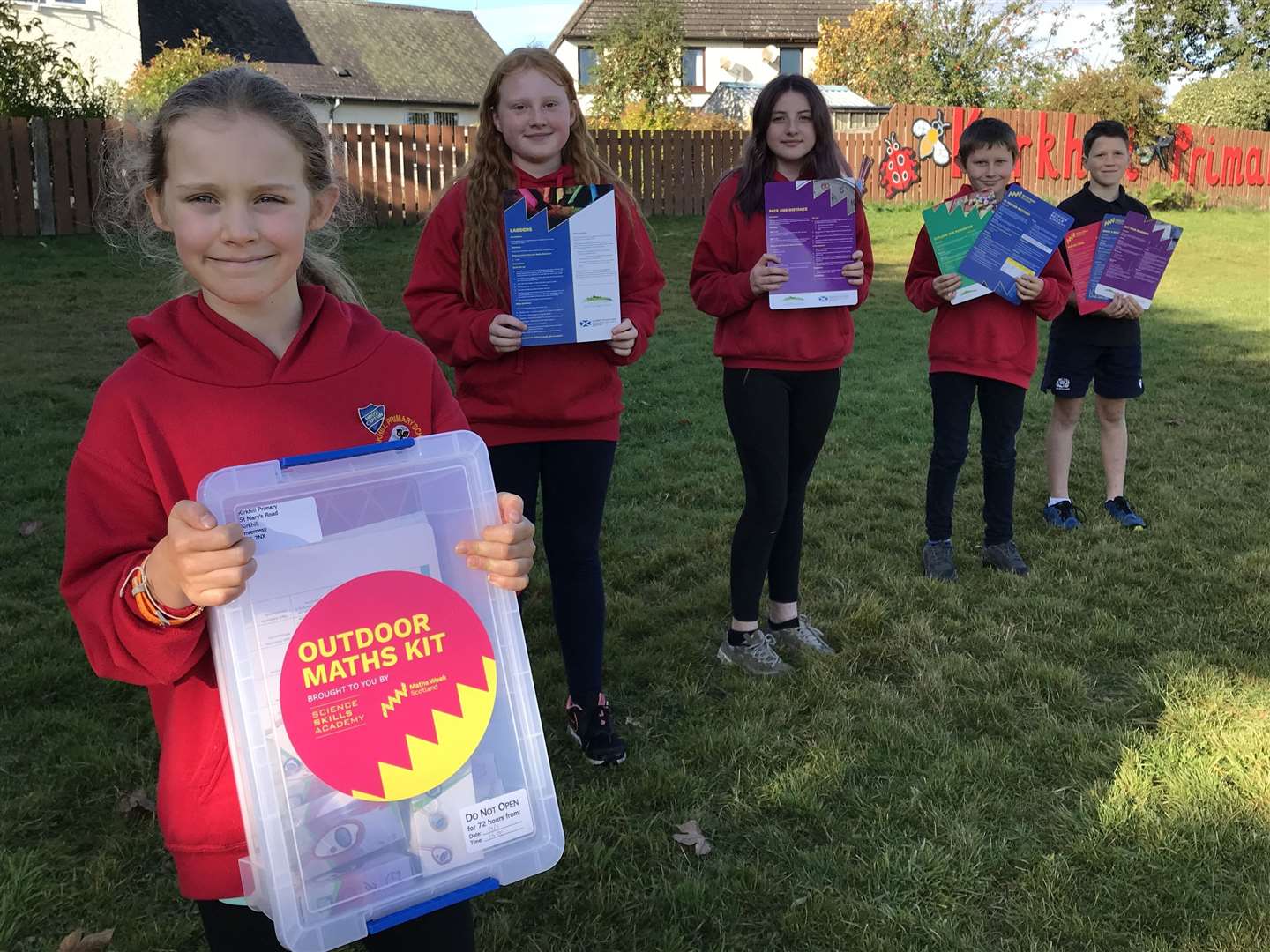 Pupils from Kirkhill Primary School with their outdoor maths kits.