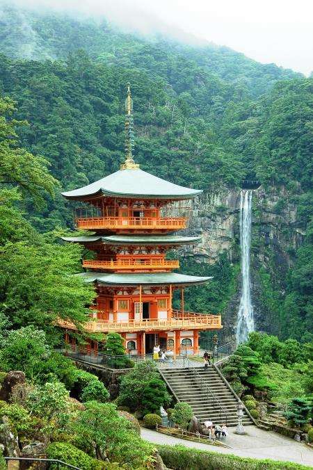 One of the temples and the sacred waterfall at Kumano Nachi Taisha