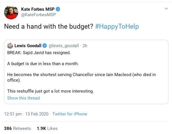 The Tweet from Kate Forbes. The number of likes had jumped even further - to more than 2300 - by the time of writing.