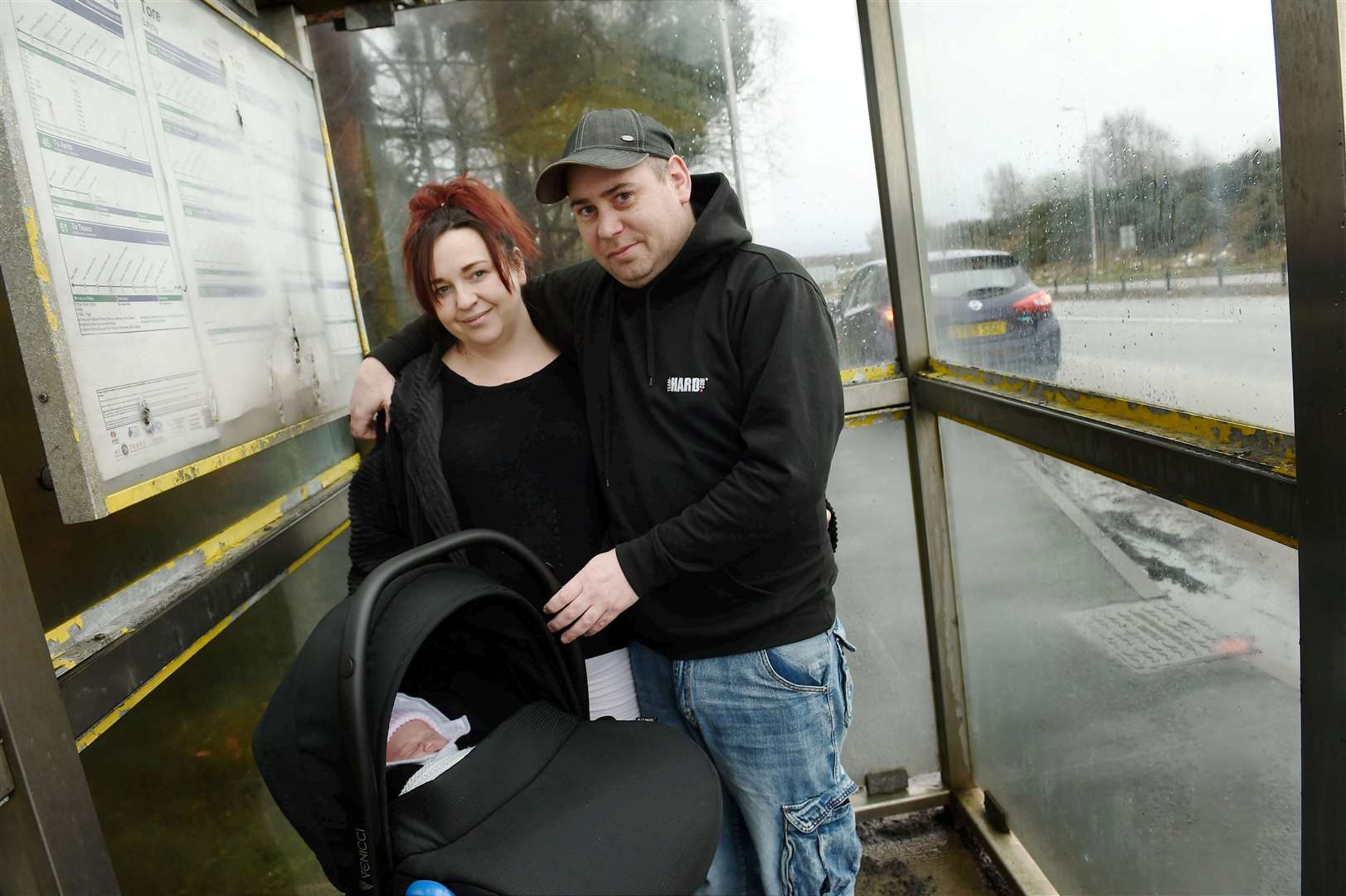 Amanda Jolly and Andy MacKay with daughter Faith MacKay who was born at the southbound bus stop on the A9 near Tore roundabout.