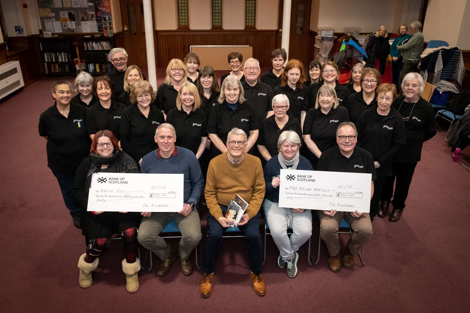 They raised Â£1500 at their annual Christmas Concertand split it between Green Hive and Macmillan Cancer...Front row (l,r) Wendy Strath Musical Director, Neil Mapes Chief Operations Officer Green Hive, Donlad Wilson, Fiona Duff accepting cheque on behalf of MacMillan and Ian Bryce Chairman Accidentals Choir. Picture: Callum Mackay..
