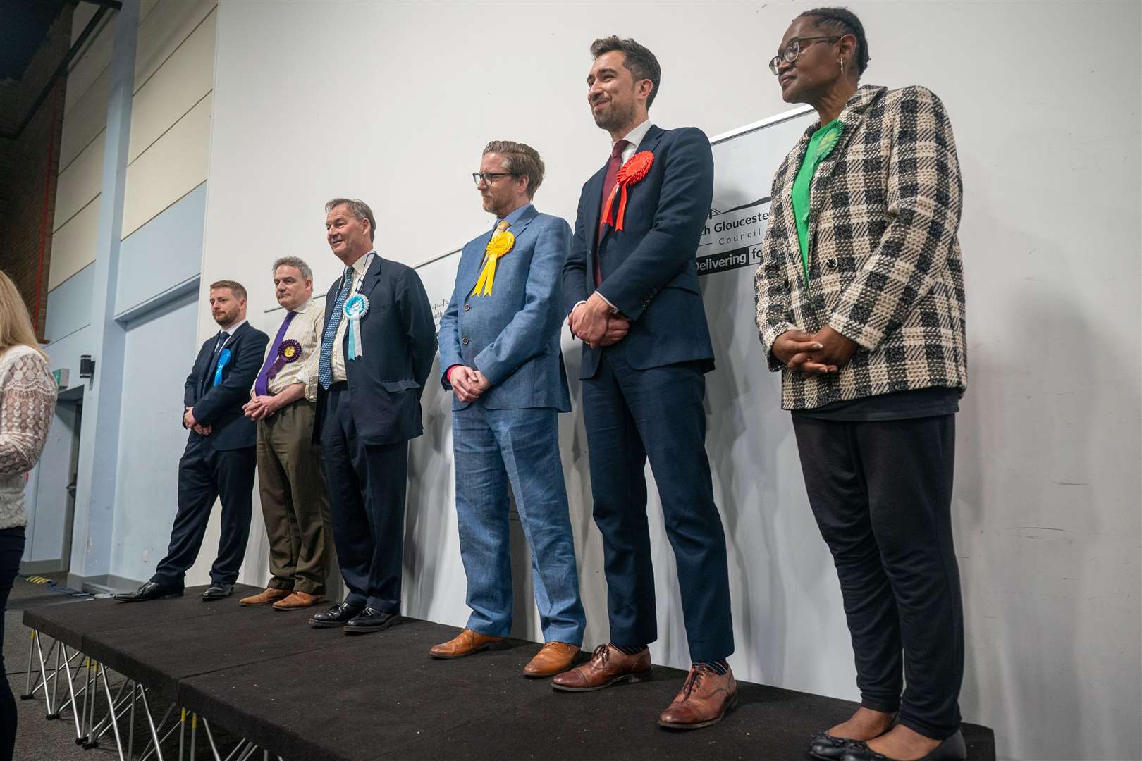 Labour candidate Damien Egan, second right, with fellow candidates at the Thornbury Leisure Centre (Ben Birchall/PA Wire)