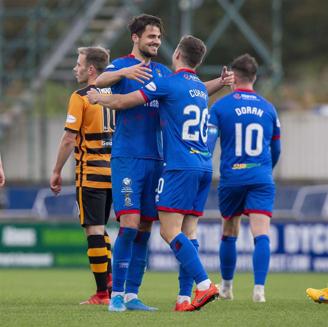 Picture - Ken Macpherson, Inverness. Scottish Challenge Cup 4th Round. Inverness CT(3) v Alloa(0). 12.10.19. ICT's Charlie Trafford celebrates his goal with Charlie Trafford.