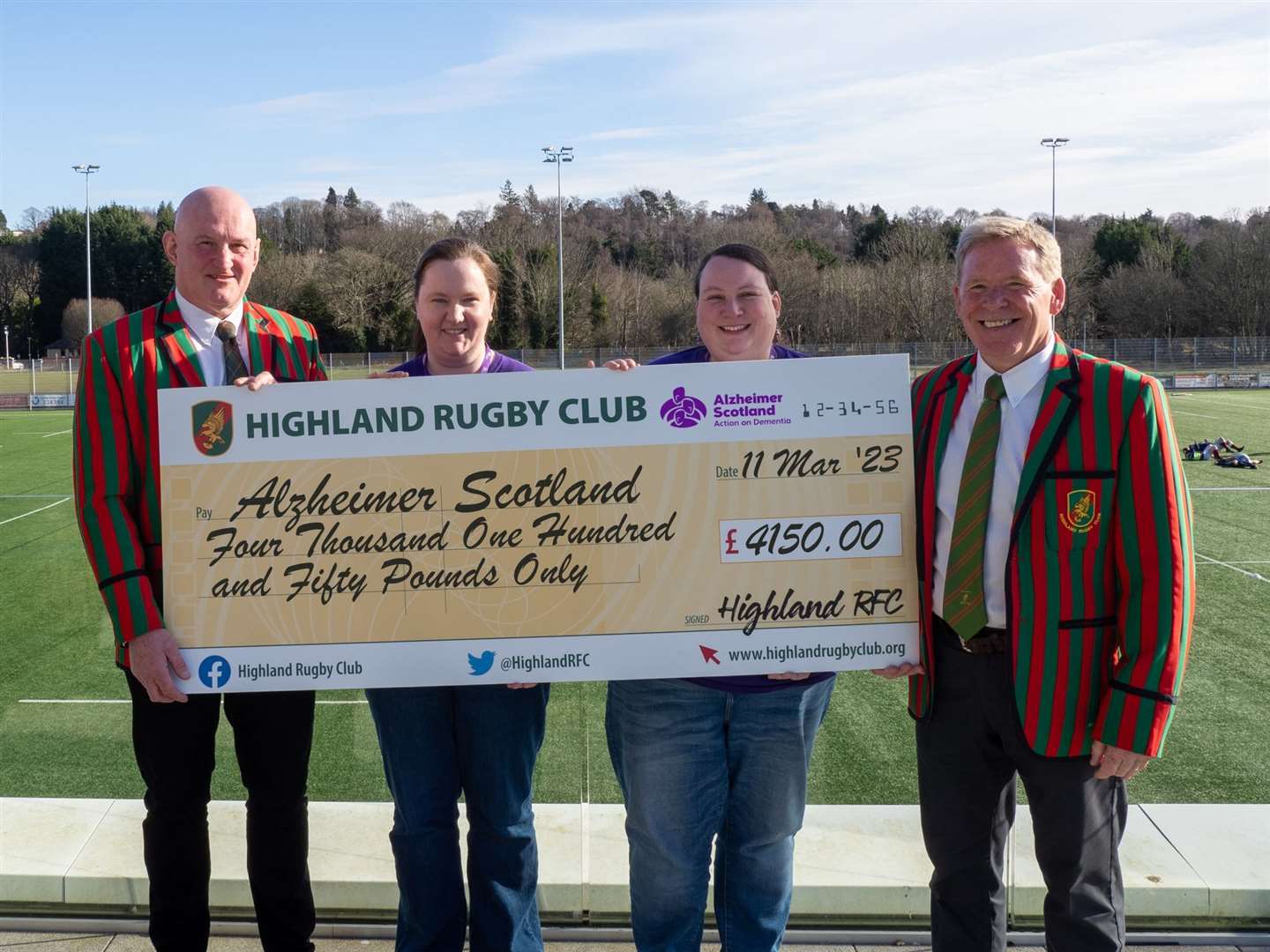 Graham Findlater (Highland RFC), Sarah Fraser (Locality Lead for North, South and West Highland), Karen Black (Dementia Advisor for South Highland), and Roy Dinnes President Highland RFC with the cheque for Alzheimer Scotland.