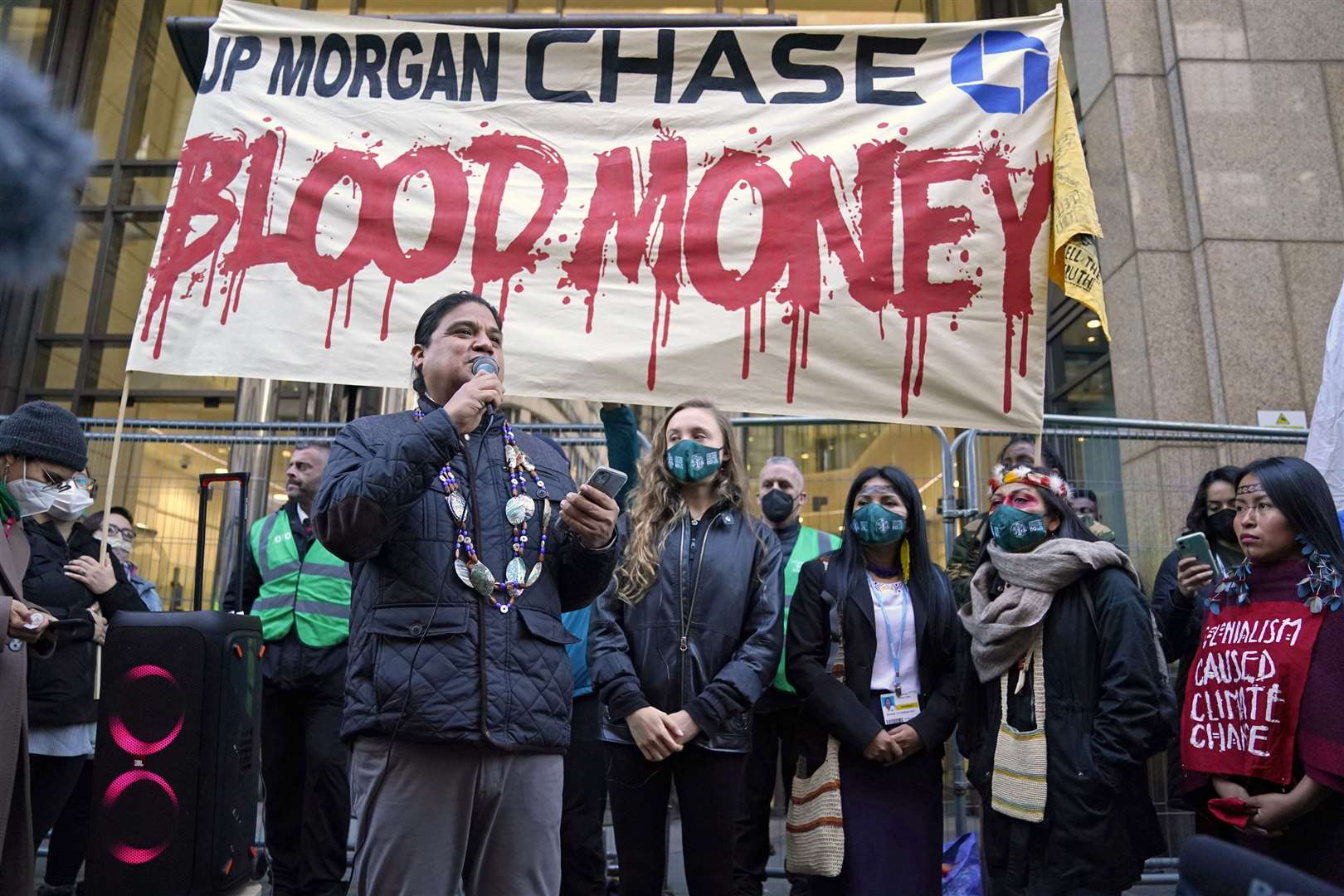 A protest took place outside the JP Morgan office (Andrew Milligan/PA)