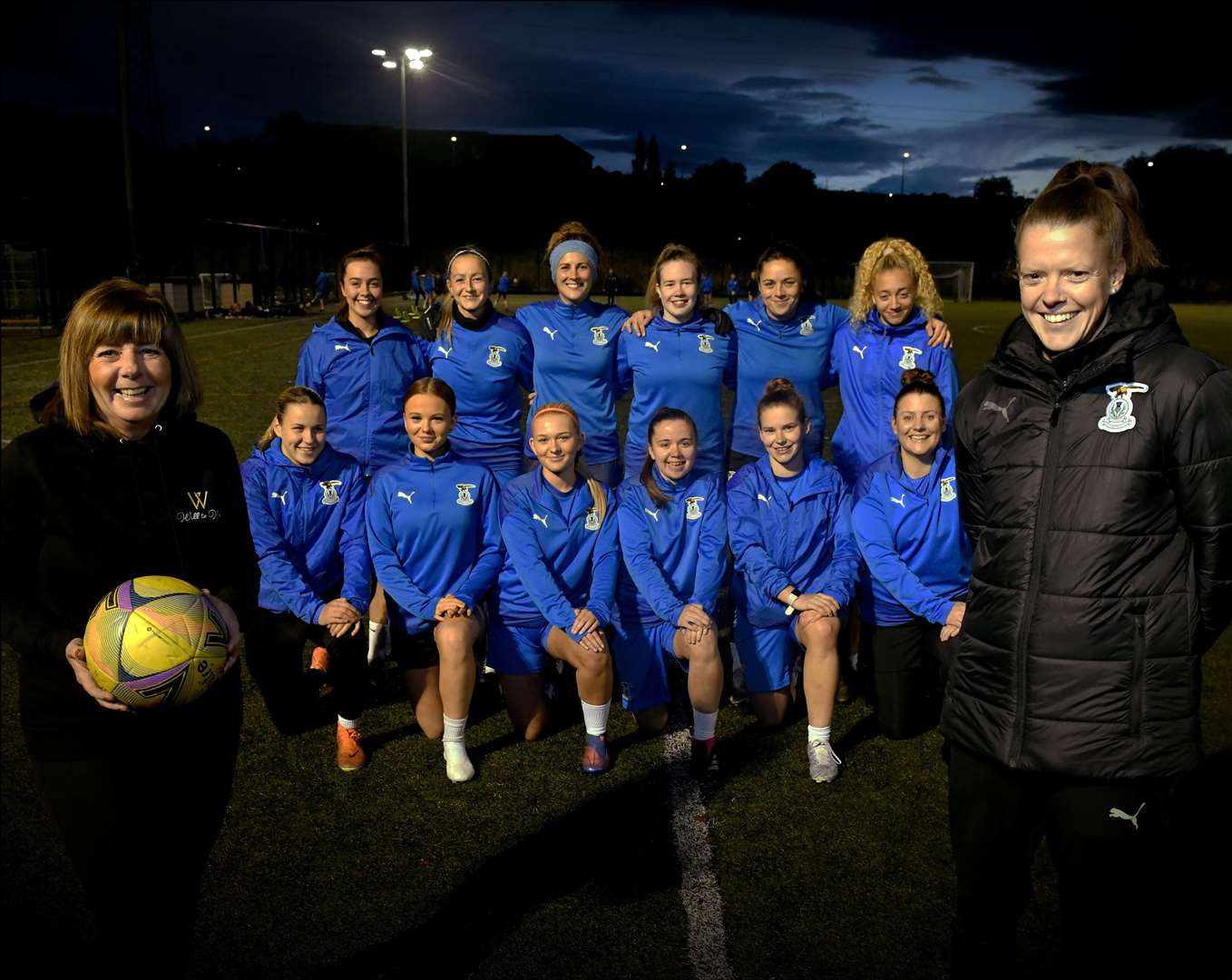 Clare Humphreys, Will to Win with the Inverness Caley Thistle Women's team and Karen Mason, ICTWFC Manager. Picture: James Mackenzie.