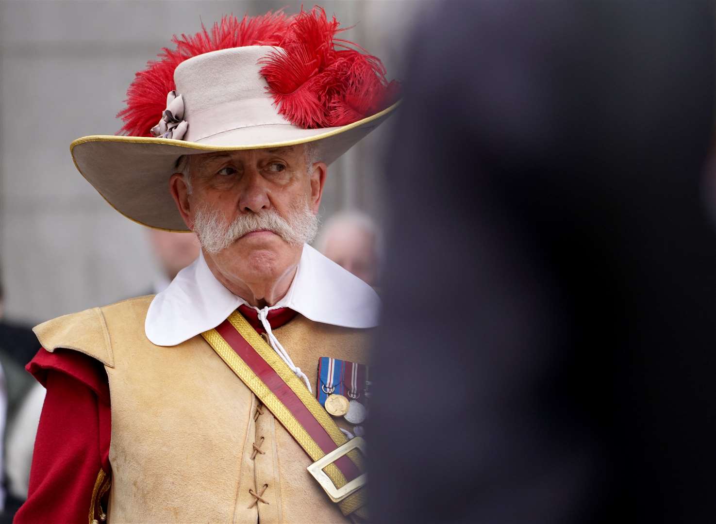 A Pikeman of the Honourable Artillery Company stands outside the Royal Exchange in the City of London, before the reading of the Proclamation of Accession there (James Manning/PA)