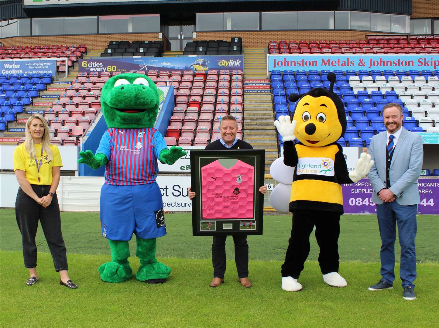 From left, Karen Duff, Highland Hospice corporate fundraiser, ICTFC mascot Lionel Nessie, ICTFC’s John Robertson, Highland Hospice mascot Bobby Bee, ICTFC commercial manager Keith Haggart.