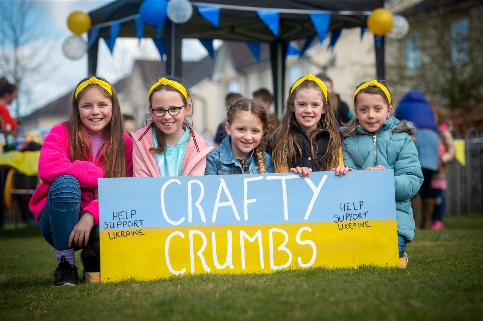 Halle Cran, Holly Stephen, Ruby Cowie, Lucy Aberenthy and Martha MacDonald at the fundraising jumble sale for Ukraine in Culduthel Mains Gardens in Inverness.