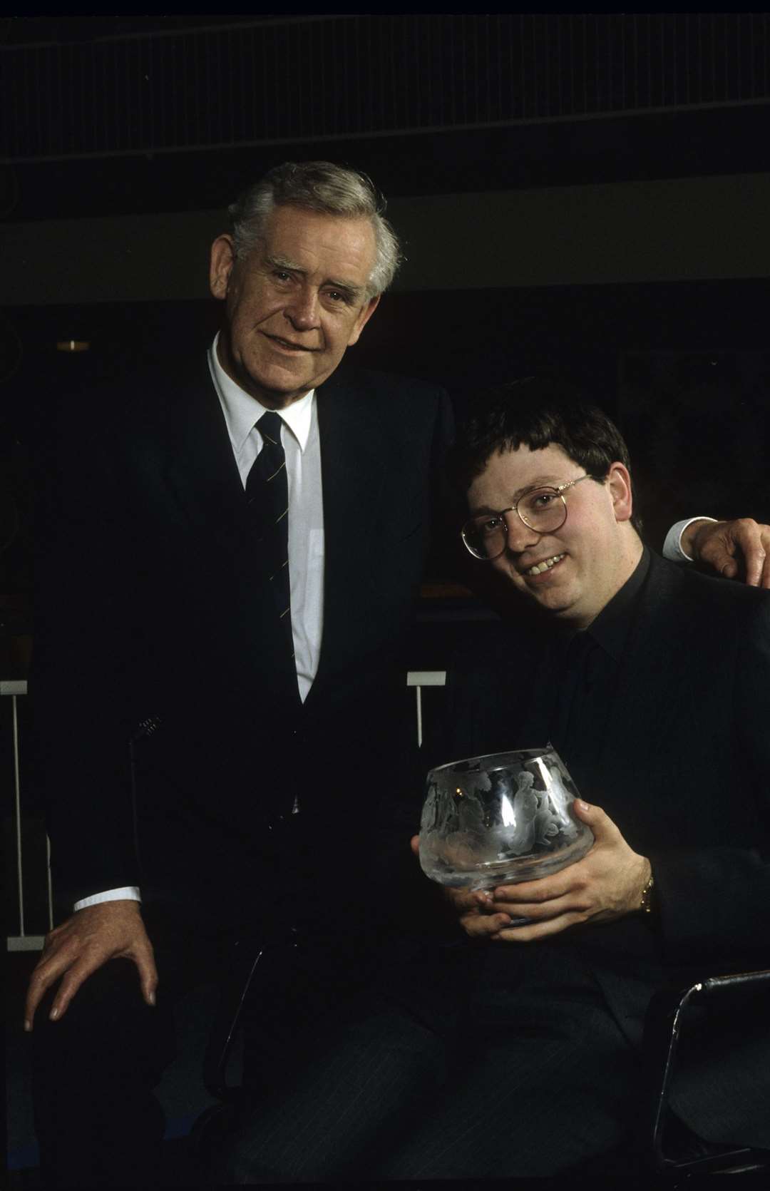 Mastermind host Magnus Magnusson with series winner Gavin Fuller in 1993. Picture: BBC