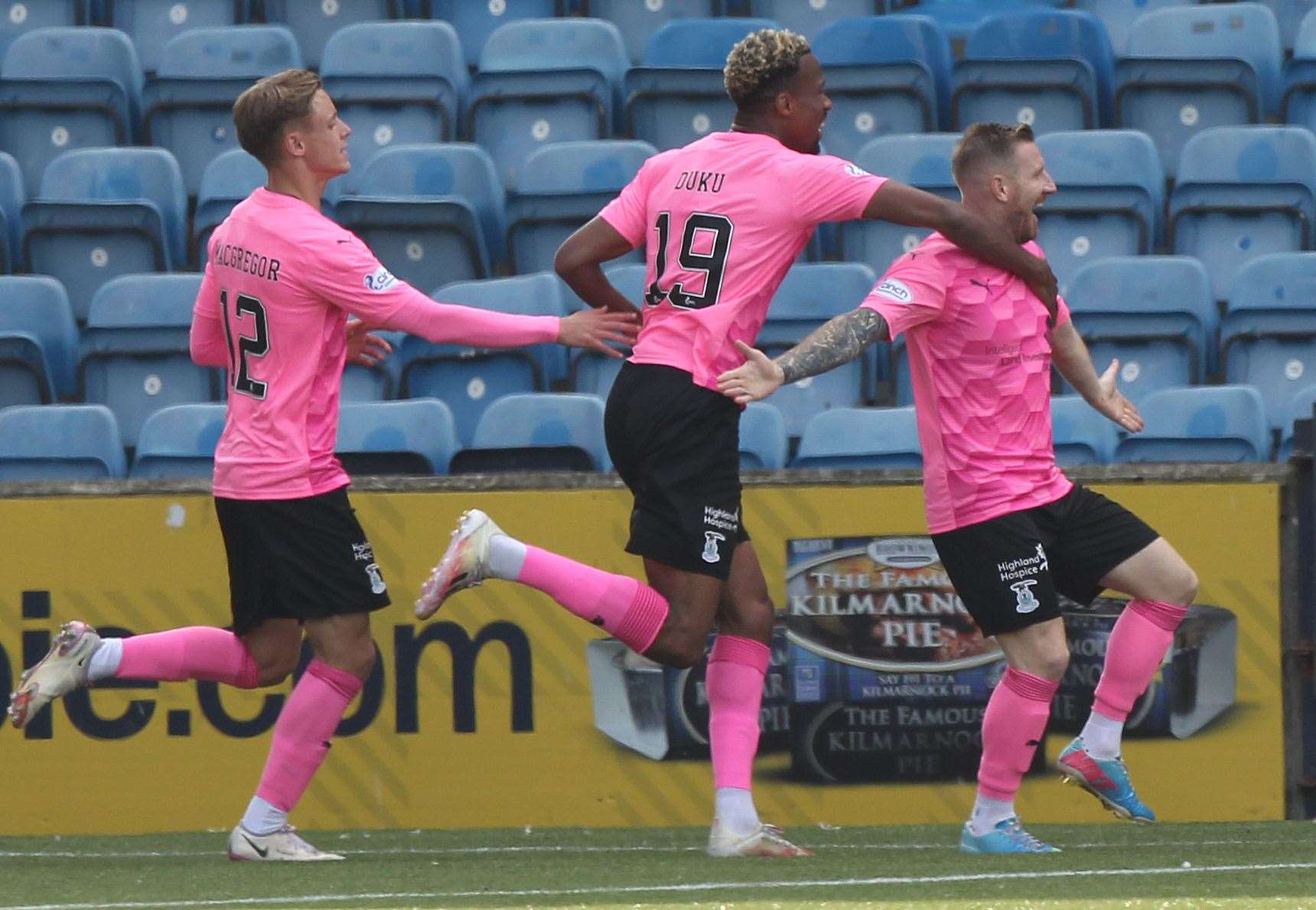 Roddy MacGregor and Manny Duku celebrate with Michael Gardyne after he scored against Kilmarnock. Picture by Callan Media