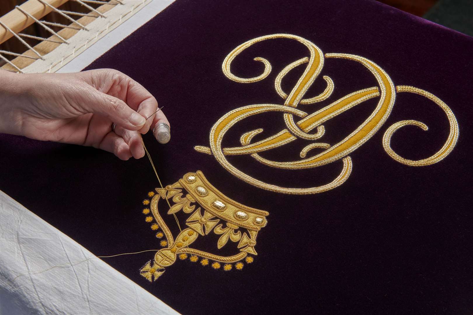 Embroidery work on the the Queen Consort’s new Robe of Estate (Royal School of Needlework/PA)