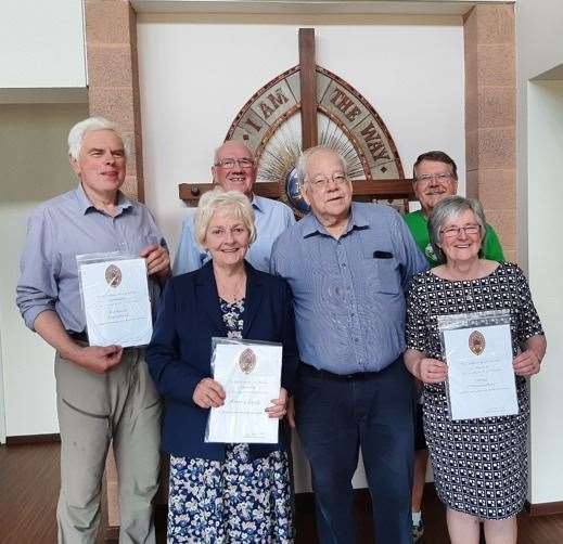 Pictured with Rev Trevor Hunt (third from left) are certificate recipients (back) Richard Mansfield, Stewart McDonald and Andrew Ramsay, and (front) Ann Clark and Issy Freudenthal.