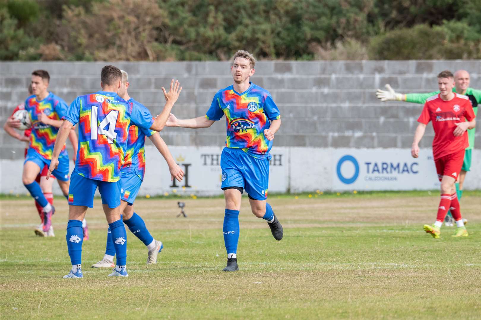 Liam Shewan celebrates scoring for Nairn against Lossiemouth earlier this season. Picture: Daniel Forsyth